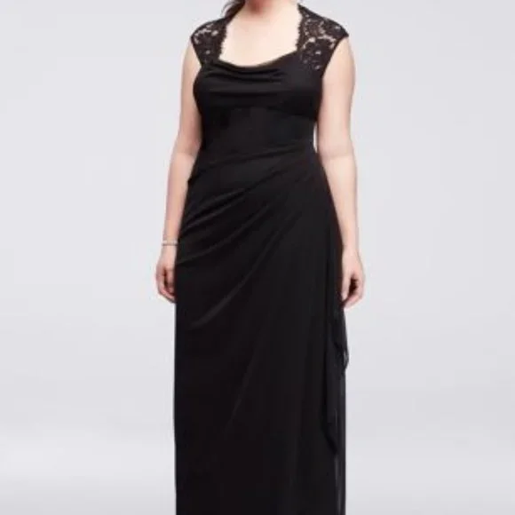 Xscape | Dresses | Xscape Lace Cap Sleeve Open Back Ruched Gown | Poshmark
